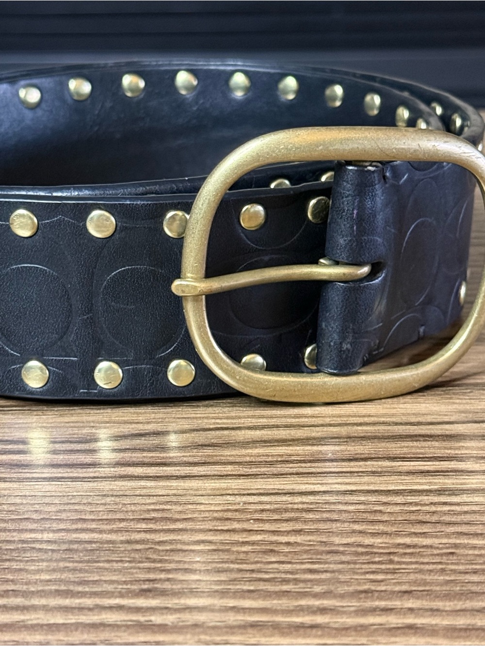 Coach Studded Black Leather Belt Brass Buckle Gold Tone Studs Size Sm 30-34”